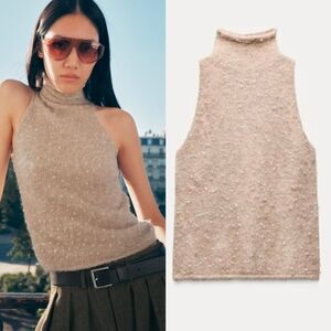 NWT Zara Tan Knit Water Drop Beaded Turtleneck Sweater Tank